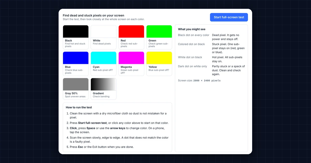Dead pixel test color swatches used to find dead and stuck pixels on a screen