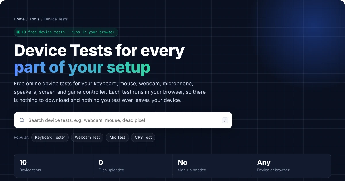 Device tests page with a search box for keyboard, mouse, webcam and screen tests
