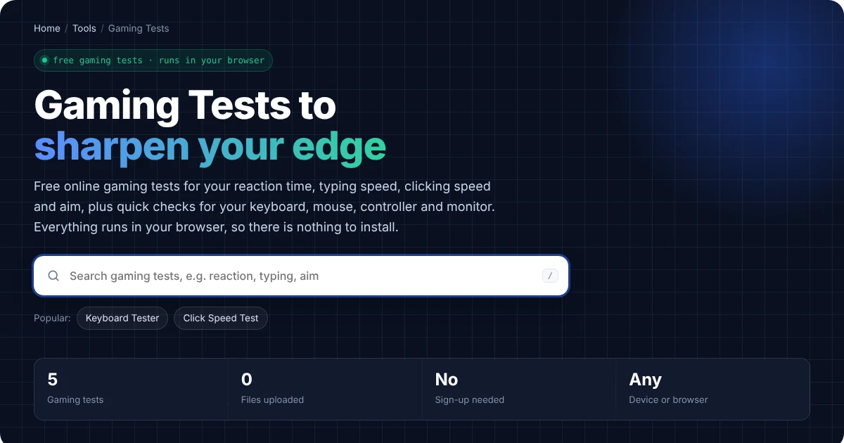 Gaming tests page with reaction time, typing speed, click speed and aim tests