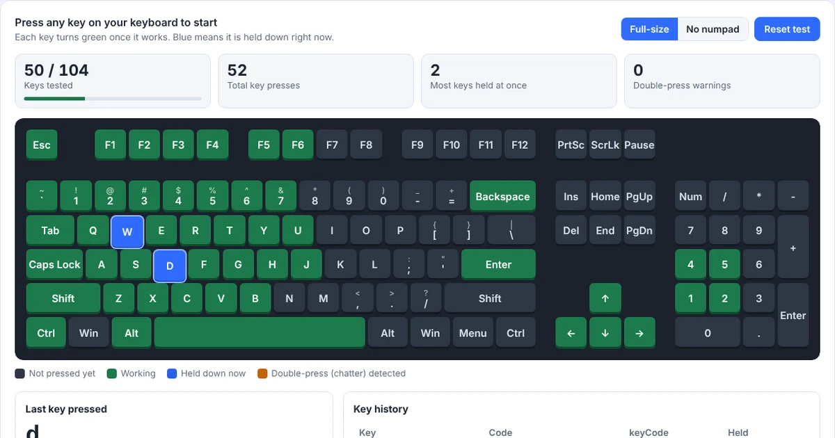 Keyboard tester showing working keys in green on a full-size keyboard layout