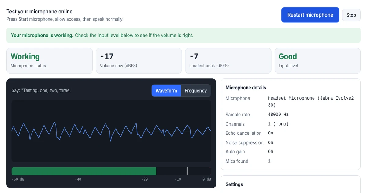 Microphone test showing a live waveform, volume meter and Good input level