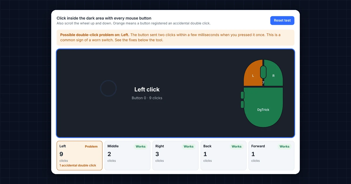 Mouse click test showing working buttons in green and a double click warning